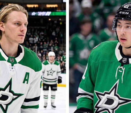 A split screen photograph featuring Dallas Stars forwards Roope Hintz (left, wearing white jersey #24) and Jason Robertson (right, wearing green jersey #21), who are the focus of recent NHL trade rumors due to the team's salary cap situation.