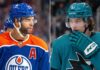 A split photo comparing Edmonton Oilers defenseman Darnell Nurse in a blue jersey and San Jose Sharks forward Collin Graf in a teal jersey, illustrating a potential NHL trade rumor scenario discussed by Jeff Marek.