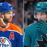 Edmonton Oilers & San Jose Sharks Trade Rumors: Nurse for Graf A split photo comparing Edmonton Oilers defenseman Darnell Nurse in a blue jersey and San Jose Sharks forward Collin Graf in a teal jersey, illustrating a potential NHL trade rumor scenario discussed by Jeff Marek.