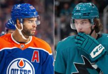 Edmonton Oilers & San Jose Sharks Trade Rumors: Nurse for Graf A split photo comparing Edmonton Oilers defenseman Darnell Nurse in a blue jersey and San Jose Sharks forward Collin Graf in a teal jersey, illustrating a potential NHL trade rumor scenario discussed by Jeff Marek.