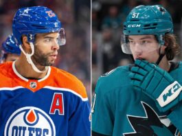 Edmonton Oilers & San Jose Sharks Trade Rumors: Nurse for Graf A split photo comparing Edmonton Oilers defenseman Darnell Nurse in a blue jersey and San Jose Sharks forward Collin Graf in a teal jersey, illustrating a potential NHL trade rumor scenario discussed by Jeff Marek.