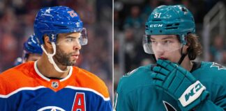 A split photo comparing Edmonton Oilers defenseman Darnell Nurse in a blue jersey and San Jose Sharks forward Collin Graf in a teal jersey, illustrating a potential NHL trade rumor scenario discussed by Jeff Marek.