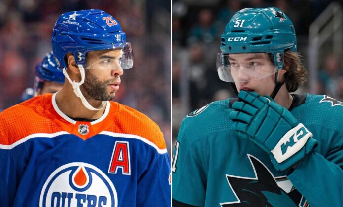 darnell-nurse-edmonton-oilers-san-jose-sharks-trade-rumor A split photo comparing Edmonton Oilers defenseman Darnell Nurse in a blue jersey and San Jose Sharks forward Collin Graf in a teal jersey, illustrating a potential NHL trade rumor scenario discussed by Jeff Marek.