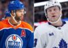 Darnell Nurse to Toronto Maple Leafs? Oilers Trade Rumors Explained A high-resolution, horizontal split-frame sports image. The left features Darnell Nurse in his blue Edmonton Oilers #25 jersey. The right features Morgan Rielly in his white Toronto Maple Leafs #44 jersey.