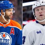 Darnell Nurse to Toronto Maple Leafs? Oilers Trade Rumors Explained A high-resolution, horizontal split-frame sports image. The left features Darnell Nurse in his blue Edmonton Oilers #25 jersey. The right features Morgan Rielly in his white Toronto Maple Leafs #44 jersey.