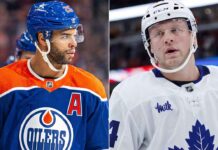 A high-resolution, horizontal split-frame sports image. The left features Darnell Nurse in his blue Edmonton Oilers #25 jersey. The right features Morgan Rielly in his white Toronto Maple Leafs #44 jersey.
