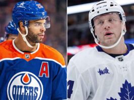 A high-resolution, horizontal split-frame sports image. The left features Darnell Nurse in his blue Edmonton Oilers #25 jersey. The right features Morgan Rielly in his white Toronto Maple Leafs #44 jersey.