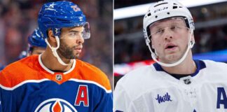 A high-resolution, horizontal split-frame sports image. The left features Darnell Nurse in his blue Edmonton Oilers #25 jersey. The right features Morgan Rielly in his white Toronto Maple Leafs #44 jersey.