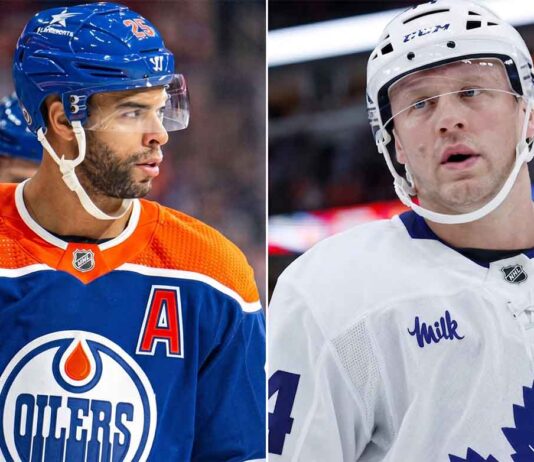 Darnell Nurse to Toronto Maple Leafs? Oilers Trade Rumors Explained A high-resolution, horizontal split-frame sports image. The left features Darnell Nurse in his blue Edmonton Oilers #25 jersey. The right features Morgan Rielly in his white Toronto Maple Leafs #44 jersey.