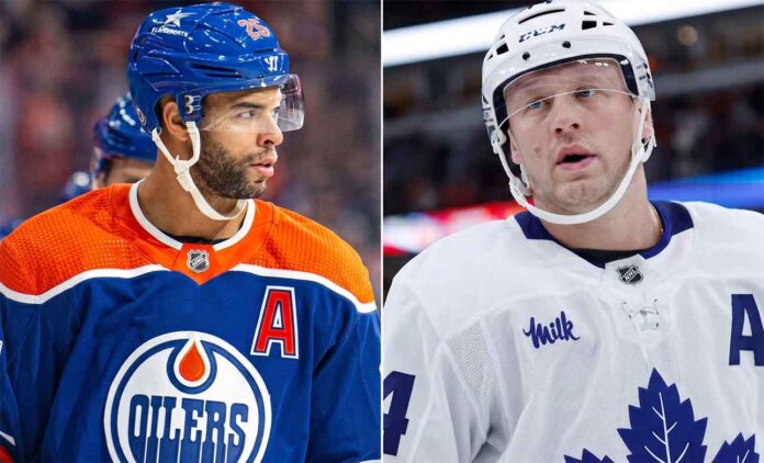 darnell-nurse-toronto-maple-leafs-trade-rumor A high-resolution, horizontal split-frame sports image. The left features Darnell Nurse in his blue Edmonton Oilers #25 jersey. The right features Morgan Rielly in his white Toronto Maple Leafs #44 jersey.