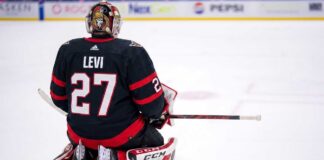 A conceptual visualization of goalie Devon Levi wearing an Ottawa Senators black home uniform with number 27, kneeling on the ice amidst NHL trade rumors linking the netminder to Ottawa.