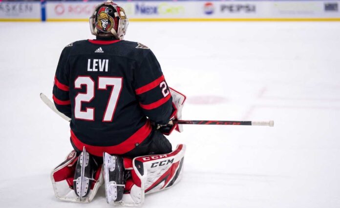 A conceptual visualization of goalie Devon Levi wearing an Ottawa Senators black home uniform with number 27, kneeling on the ice amidst NHL trade rumors linking the netminder to Ottawa.