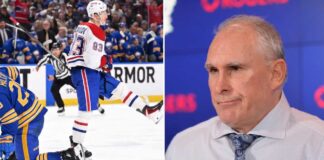 A split image featuring action from the Sabres vs Canadiens 2026 NHL playoff series on the left, and a portrait of Craig Berube, a candidate for the Edmonton Oilers head coaching job, on the right.