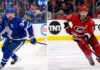 Latest NHL News and NHL Scores: May 2026 Playoff Results & Trade Rumors Vertical split photo featuring NHL stars: Auston Matthews in his blue Toronto Maple Leafs jersey skating on the left, and Sebastian Aho in his red Carolina Hurricanes jersey carrying the puck on the right during play.