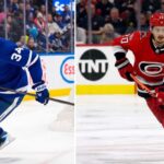 Vertical split photo featuring NHL stars: Auston Matthews in his blue Toronto Maple Leafs jersey skating on the left, and Sebastian Aho in his red Carolina Hurricanes jersey carrying the puck on the right during play.