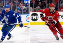 Latest NHL News and NHL Scores: May 2026 Playoff Results & Trade Rumors Vertical split photo featuring NHL stars: Auston Matthews in his blue Toronto Maple Leafs jersey skating on the left, and Sebastian Aho in his red Carolina Hurricanes jersey carrying the puck on the right during play.
