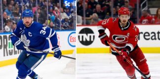 Vertical split photo featuring NHL stars: Auston Matthews in his blue Toronto Maple Leafs jersey skating on the left, and Sebastian Aho in his red Carolina Hurricanes jersey carrying the puck on the right during play.