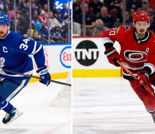 Vertical split photo featuring NHL stars: Auston Matthews in his blue Toronto Maple Leafs jersey skating on the left, and Sebastian Aho in his red Carolina Hurricanes jersey carrying the puck on the right during play.
