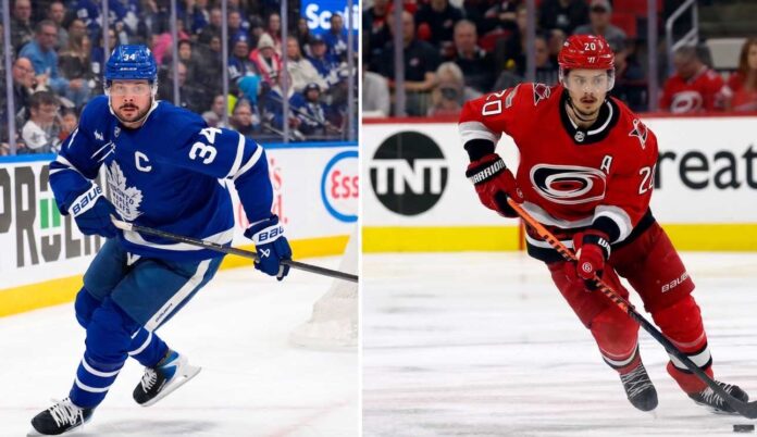 frederik-andersen-hurricanes-shutout-2026-nhl-playoffs Vertical split photo featuring NHL stars: Auston Matthews in his blue Toronto Maple Leafs jersey skating on the left, and Sebastian Aho in his red Carolina Hurricanes jersey carrying the puck on the right during play.