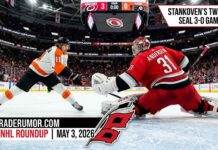 Carolina Hurricanes goalie Frederik Andersen (#31) makes a sliding save against the Philadelphia Flyers during Game 1 of the 2026 Stanley Cup Playoffs. The jumbotron shows a 3-0 Hurricanes lead, a score driven by two Logan Stankoven goals, featured in today's NHL News and NHL Scores roundup.