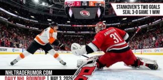 Carolina Hurricanes goalie Frederik Andersen (#31) makes a sliding save against the Philadelphia Flyers during Game 1 of the 2026 Stanley Cup Playoffs. The jumbotron shows a 3-0 Hurricanes lead, a score driven by two Logan Stankoven goals, featured in today's NHL News and NHL Scores roundup.