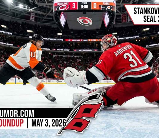 Carolina Hurricanes goalie Frederik Andersen (#31) makes a sliding save against the Philadelphia Flyers during Game 1 of the 2026 Stanley Cup Playoffs. The jumbotron shows a 3-0 Hurricanes lead, a score driven by two Logan Stankoven goals, featured in today's NHL News and NHL Scores roundup.