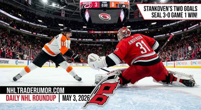 Carolina Hurricanes goalie Frederik Andersen (#31) makes a sliding save against the Philadelphia Flyers during Game 1 of the 2026 Stanley Cup Playoffs. The jumbotron shows a 3-0 Hurricanes lead, a score driven by two Logan Stankoven goals, featured in today's NHL News and NHL Scores roundup.