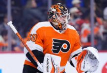 Joseph Woll Trade Rumors: Philadelphia Flyers Target Toronto Maple Leafs Goalie Concept photo of Toronto Maple Leafs goaltender Joseph Woll wearing a Philadelphia Flyers uniform and custom mask, illustrating the proposed trade rumors.