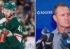 A split-panel image for an NHL news article focusing on Vancouver Canucks coaching changes. The left side shows Minnesota Wild defenseman and former Canucks captain, Quinn Hughes, on the ice in his full green jersey (No. 43). The right side features a portrait of former Canucks assistant defensive coach, Adam Foote, at a press conference podium.