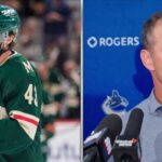 A split-panel image for an NHL news article focusing on Vancouver Canucks coaching changes. The left side shows Minnesota Wild defenseman and former Canucks captain, Quinn Hughes, on the ice in his full green jersey (No. 43). The right side features a portrait of former Canucks assistant defensive coach, Adam Foote, at a press conference podium.