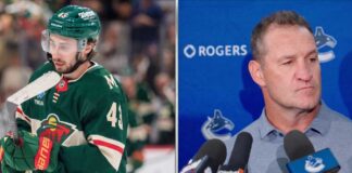 A split-panel image for an NHL news article focusing on Vancouver Canucks coaching changes. The left side shows Minnesota Wild defenseman and former Canucks captain, Quinn Hughes, on the ice in his full green jersey (No. 43). The right side features a portrait of former Canucks assistant defensive coach, Adam Foote, at a press conference podium.