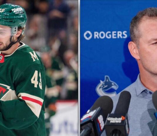 A split-panel image for an NHL news article focusing on Vancouver Canucks coaching changes. The left side shows Minnesota Wild defenseman and former Canucks captain, Quinn Hughes, on the ice in his full green jersey (No. 43). The right side features a portrait of former Canucks assistant defensive coach, Adam Foote, at a press conference podium.