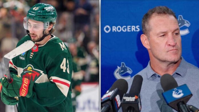 latest-nhl-news-and-nhl-scores-2026-playoffs A split-panel image for an NHL news article focusing on Vancouver Canucks coaching changes. The left side shows Minnesota Wild defenseman and former Canucks captain, Quinn Hughes, on the ice in his full green jersey (No. 43). The right side features a portrait of former Canucks assistant defensive coach, Adam Foote, at a press conference podium.