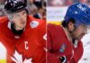 A split-screen composite photograph featuring Sidney Crosby in a red Team Canada jersey (left) and Alex Newhook in a red Montreal Canadiens jersey (right), representing key figures in the latest NHL news and NHL scores roundup.