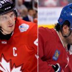 Latest NHL News and NHL Scores: Canadiens Win Game 7 in OT A split-screen composite photograph featuring Sidney Crosby in a red Team Canada jersey (left) and Alex Newhook in a red Montreal Canadiens jersey (right), representing key figures in the latest NHL news and NHL scores roundup.
