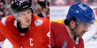 A split-screen composite photograph featuring Sidney Crosby in a red Team Canada jersey (left) and Alex Newhook in a red Montreal Canadiens jersey (right), representing key figures in the latest NHL news and NHL scores roundup.