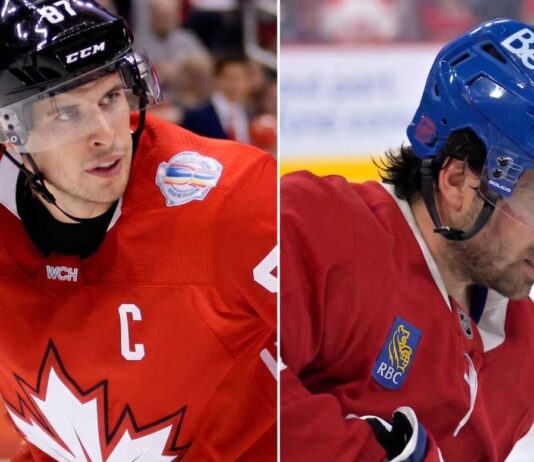 Latest NHL News and NHL Scores: Canadiens Win Game 7 in OT A split-screen composite photograph featuring Sidney Crosby in a red Team Canada jersey (left) and Alex Newhook in a red Montreal Canadiens jersey (right), representing key figures in the latest NHL news and NHL scores roundup.