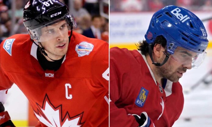 latest-nhl-news-and-nhl-scores-canadiens-game-7 A split-screen composite photograph featuring Sidney Crosby in a red Team Canada jersey (left) and Alex Newhook in a red Montreal Canadiens jersey (right), representing key figures in the latest NHL news and NHL scores roundup.