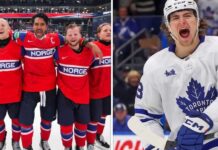 A split image for 'Latest NHL News and NHL Scores' featuring the historic Team Norway IIHF Bronze medal win with players linked-arm on ice (left), and Toronto Maple Leafs forward Matthew Knies celebrating passionately in his jersey (right), highlighting monumental upsets and trade rumors in May 2026.