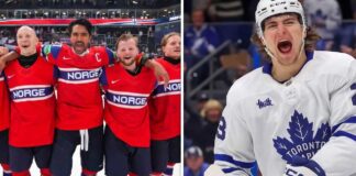 A split image for 'Latest NHL News and NHL Scores' featuring the historic Team Norway IIHF Bronze medal win with players linked-arm on ice (left), and Toronto Maple Leafs forward Matthew Knies celebrating passionately in his jersey (right), highlighting monumental upsets and trade rumors in May 2026.