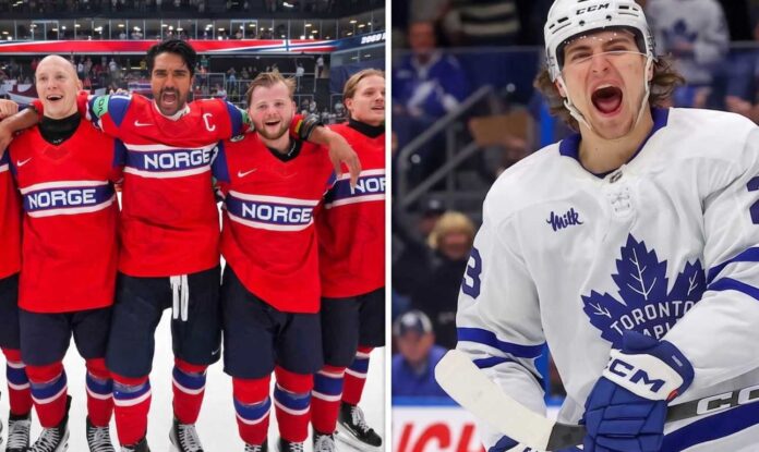 A split image for 'Latest NHL News and NHL Scores' featuring the historic Team Norway IIHF Bronze medal win with players linked-arm on ice (left), and Toronto Maple Leafs forward Matthew Knies celebrating passionately in his jersey (right), highlighting monumental upsets and trade rumors in May 2026.