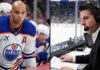 Latest NHL News and NHL Scores: Maple Leafs Updates & Playoff Results A split-panel graphic highlighting major NHL News: Edmonton Oilers defenseman Darnell Nurse (left) and current AGM Brandon Pridham (right) are profiled amidst breaking trade rumors and executive changes.