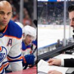 Latest NHL News and NHL Scores: Maple Leafs Updates & Playoff Results A split-panel graphic highlighting major NHL News: Edmonton Oilers defenseman Darnell Nurse (left) and current AGM Brandon Pridham (right) are profiled amidst breaking trade rumors and executive changes.