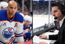 A split-panel graphic highlighting major NHL News: Edmonton Oilers defenseman Darnell Nurse (left) and current AGM Brandon Pridham (right) are profiled amidst breaking trade rumors and executive changes.