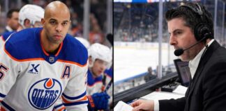 A split-panel graphic highlighting major NHL News: Edmonton Oilers defenseman Darnell Nurse (left) and current AGM Brandon Pridham (right) are profiled amidst breaking trade rumors and executive changes.
