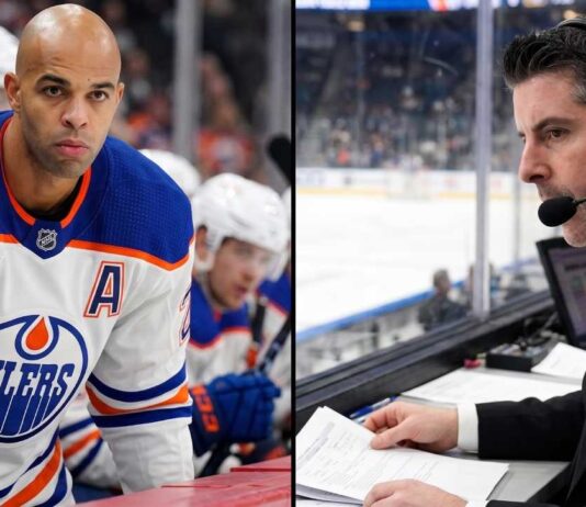 Latest NHL News and NHL Scores: Maple Leafs Updates & Playoff Results A split-panel graphic highlighting major NHL News: Edmonton Oilers defenseman Darnell Nurse (left) and current AGM Brandon Pridham (right) are profiled amidst breaking trade rumors and executive changes.