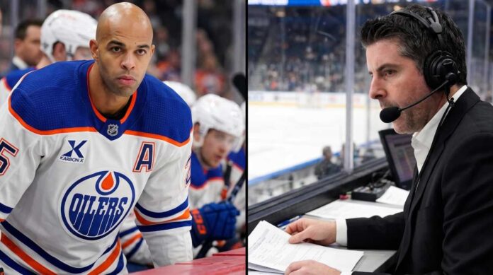 A split-panel graphic highlighting major NHL News: Edmonton Oilers defenseman Darnell Nurse (left) and current AGM Brandon Pridham (right) are profiled amidst breaking trade rumors and executive changes.