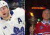 A split-screen image featuring Toronto Maple Leafs alternate captain Morgan Rielly in a white jersey on the left, and NHL legend Claude Lemieux in a red Montreal Canadiens jersey holding a lit ceremonial torch on the right.
