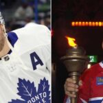 A split-screen image featuring Toronto Maple Leafs alternate captain Morgan Rielly in a white jersey on the left, and NHL legend Claude Lemieux in a red Montreal Canadiens jersey holding a lit ceremonial torch on the right.