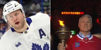 A split-screen image featuring Toronto Maple Leafs alternate captain Morgan Rielly in a white jersey on the left, and NHL legend Claude Lemieux in a red Montreal Canadiens jersey holding a lit ceremonial torch on the right.